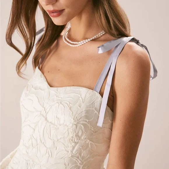 Rihoas Off White Jacquard Tie Strap Mini Dress - Picture 2 of 9